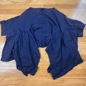 Kedem Sasson Sky Shirt Top Linen Navy Blue Flutter Sleeve Button OS